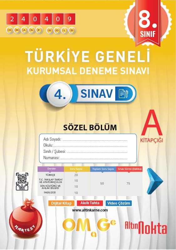 NARTEST YAYINEVİ . Omage 8. Sınıf 4. Kurumsal Deneme Nisan A Söz Kod 240409